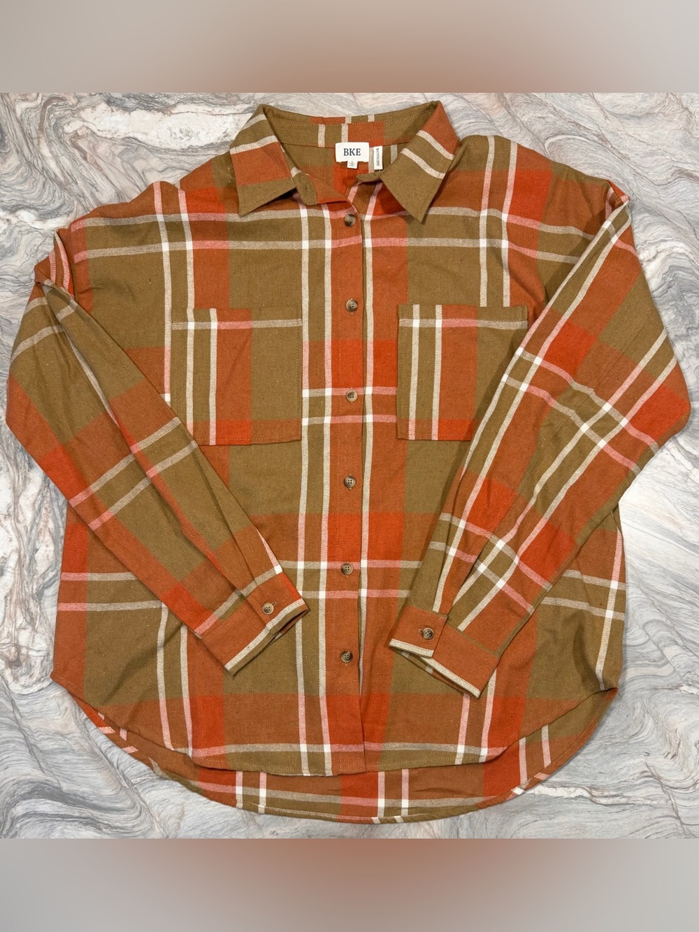 BKE Women’s Orange & Brown Plaid Button-Up Shirt